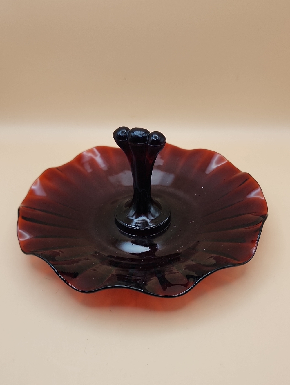 Vintage Anchor Hocking Glass Tidbit Tray Royal Ruby Red Center Handled Plate